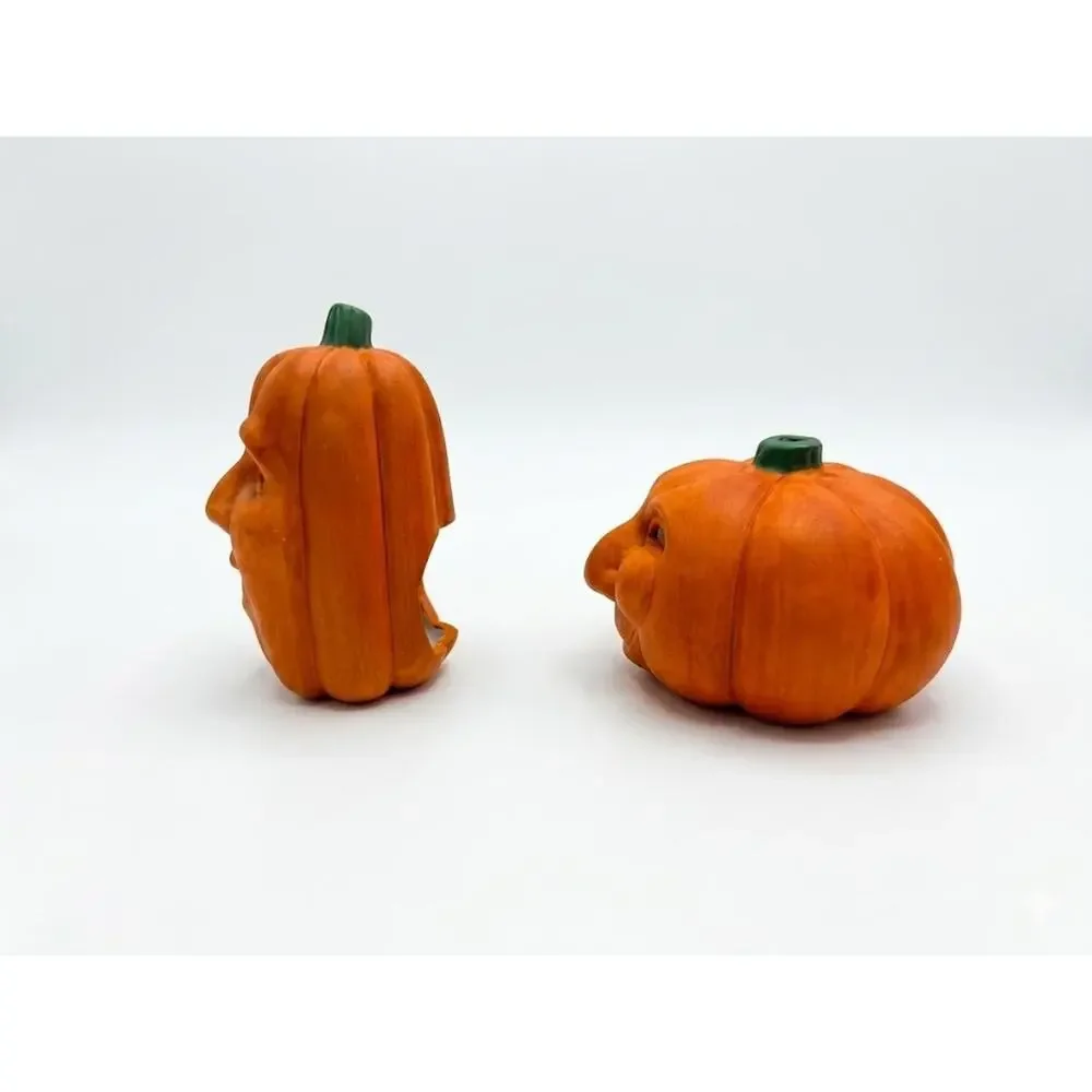 Vintage Pumpkin Figurine Set of 2 - 1990s Tall & Squat Jack-O-Lanterns Halloween